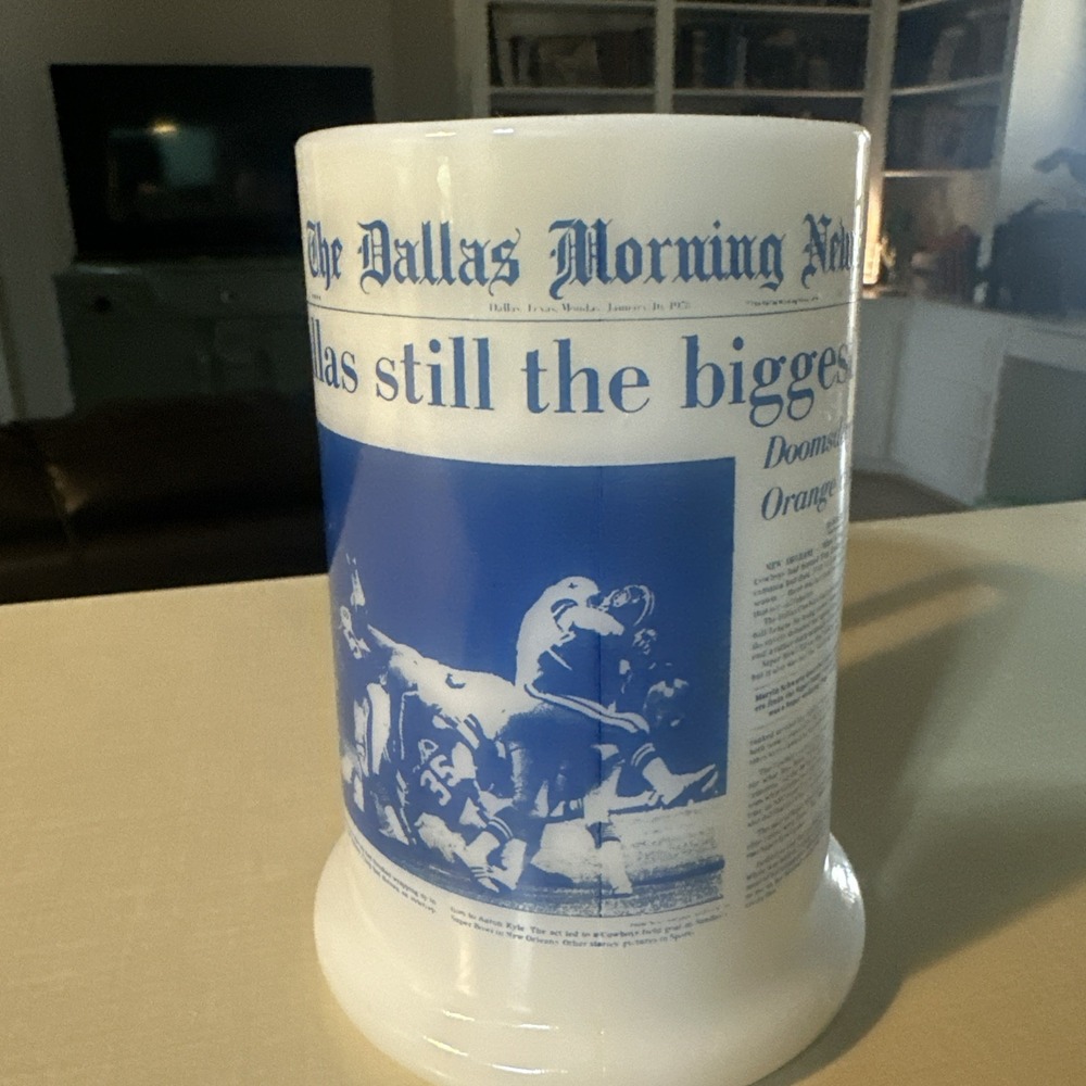 VINTAGE DALLAS MORNING NEWS MILK GLASS BEER MUG LANDRY COWBOYS DOOMSDAY ARTICLE